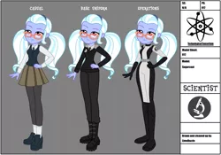 Size: 2833x1985 | Tagged: safe, artist:limedazzle, derpibooru import, sugarcoat, fanfic, equestria girls, bodysuit, clothes, fanfic art, glasses, necktie, reference sheet, scientist, shadowbolts, show accurate, skirt, spy suit, tights, uniform