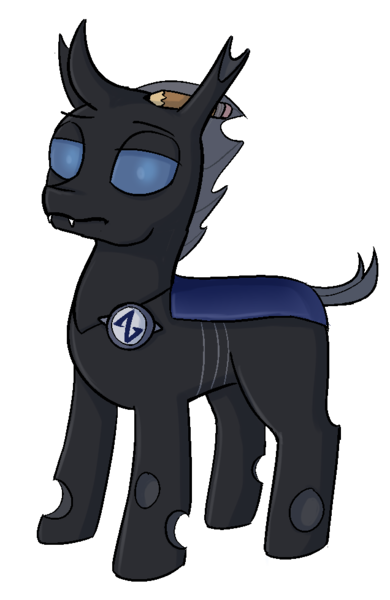 Size: 636x978 | Tagged: safe, artist:heretichesh, derpibooru import, oc, oc:artbug, unofficial characters only, changeling, pony, derpibooru community collaboration, 2021 community collab, badge, lidded eyes, male, pencil, pencil behind ear, simple background, solo, stallion, transparent background