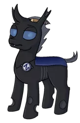 Size: 636x978 | Tagged: safe, artist:heretichesh, derpibooru import, oc, oc:artbug, unofficial characters only, changeling, pony, derpibooru community collaboration, 2021 community collab, badge, lidded eyes, male, pencil, pencil behind ear, simple background, solo, stallion, transparent background