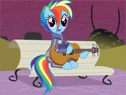 Size: 3841x2882 | Tagged: safe, anonymous artist, derpibooru import, rainbow dash, pegasus, pony, .svg available, alternate timeline, amputee, apocalypse dash, artificial wings, augmented, bench, crystal war timeline, cute, dashabetes, eye scar, eyelashes, female, foal house, guitar, mare, musical instrument, open mouth, outdoors, prosthetic limb, prosthetic wing, prosthetics, scar, sitting, smiling, solo, svg, sweet dreams fuel, tree, vector, wings