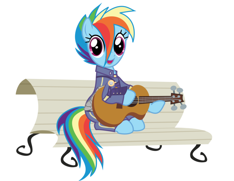 Size: 3841x2980 | Tagged: safe, alternate version, anonymous artist, derpibooru import, rainbow dash, pegasus, pony, .svg available, alternate timeline, amputee, apocalypse dash, artificial wings, augmented, background removed, bench, crystal war timeline, eye scar, eyelashes, female, foal house, guitar, mare, musical instrument, open mouth, outdoors, prosthetic limb, prosthetic wing, prosthetics, scar, simple background, sitting, smiling, solo, svg, transparent background, tree, vector, wings