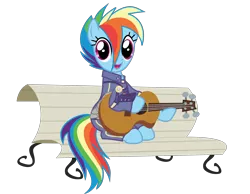 Size: 3841x2980 | Tagged: safe, alternate version, anonymous artist, derpibooru import, rainbow dash, pegasus, pony, .svg available, alternate timeline, amputee, apocalypse dash, artificial wings, augmented, background removed, bench, crystal war timeline, eye scar, eyelashes, female, foal house, guitar, mare, musical instrument, open mouth, outdoors, prosthetic limb, prosthetic wing, prosthetics, scar, simple background, sitting, smiling, solo, svg, transparent background, tree, vector, wings