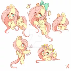 Size: 800x800 | Tagged: safe, artist:ipun, derpibooru import, angel bunny, fluttershy, butterfly, insect, pegasus, pony, rabbit, animal, blushing, bow, bust, cheek fluff, chest fluff, cute, cutie mark eyes, deviantart watermark, ear fluff, eyes closed, female, floral head wreath, flower, flying, hair bow, hair over one eye, heart, holding, looking at someone, looking at you, looking back, looking back at you, male, mare, no pupils, obtrusive watermark, open mouth, profile, shyabetes, smiling, solo, spread wings, three quarter view, watermark, wingding eyes, wings