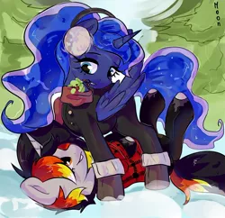 Size: 1080x1046 | Tagged: safe, artist:moon_emili, derpibooru import, princess luna, oc, oc:moonshine, alicorn, unicorn, bedroom eyes, boots, bottom, clothes, coat, collar, cute, date, earmuffs, flannel, flannel shirt, hearth's warming eve, horn, horseplay, imminent kissing, looking down, looking up, lying down, mistletoe, scarf, shipping, shoes, smiling, snow, socks, standing over, stockings, thigh highs, top, tree, unicorn oc, wings, wings down