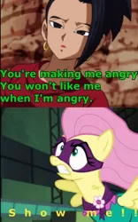 Size: 670x1072 | Tagged: safe, derpibooru import, edit, edited screencap, screencap, fluttershy, saddle rager, power ponies (episode), comparison, death battle, dragon ball super, exploitable meme, kale, kale (dragon ball), meme, power ponies