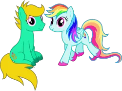 Size: 5385x4000 | Tagged: safe, artist:parclytaxel, artist:starponys87, derpibooru import, oc, oc:david starlyre, oc:rainbowfire, unofficial characters only, earth pony, pegasus, pony, derpibooru community collaboration, .svg available, 2021 community collab, absurd resolution, female, looking at you, male, mare, not rainbow dash, simple background, sitting, smiling, stallion, transparent background, unshorn fetlocks, vector