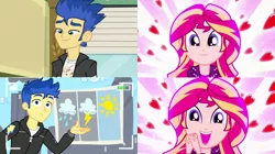 Size: 1534x860 | Tagged: safe, derpibooru import, edit, edited screencap, screencap, flash sentry, sunset shimmer, best trends forever, eqg summertime shorts, equestria girls, equestria girls (movie), equestria girls series, pet project, female, flashimmer, male, shipping, shipping domino, straight