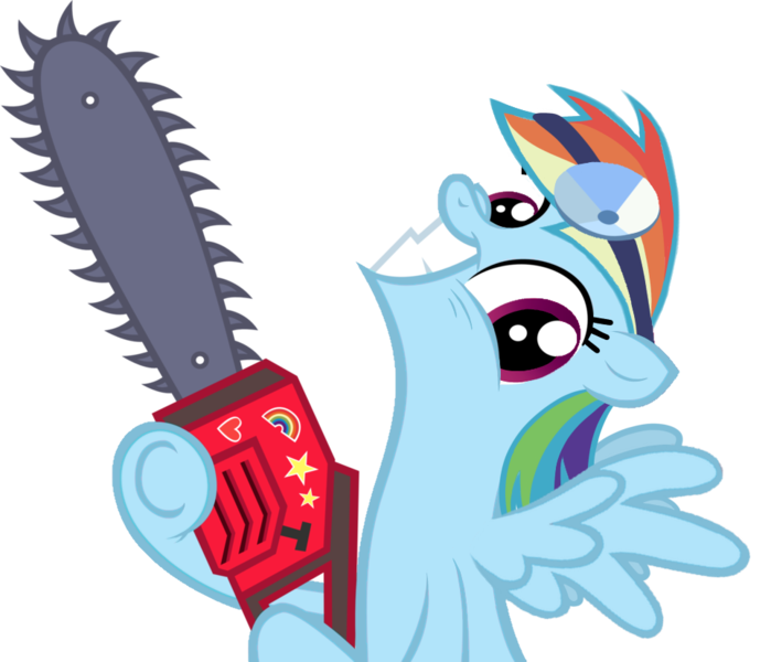 Size: 964x828 | Tagged: safe, anonymous editor, derpibooru import, edit, vector edit, rainbow dash, pegasus, pony, cupcakes hd, chainsaw, female, head mirror, looking at you, mare, role reversal, simple background, smiling, solo, the tables have turned, transparent background, vector, wings