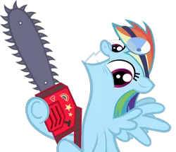 Size: 964x828 | Tagged: safe, anonymous editor, derpibooru import, edit, vector edit, rainbow dash, pegasus, pony, cupcakes hd, chainsaw, female, head mirror, looking at you, mare, role reversal, simple background, smiling, solo, the tables have turned, transparent background, vector, wings