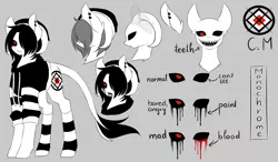 Size: 3201x1873 | Tagged: safe, artist:riariirii2, derpibooru import, oc, oc:monochrome, unofficial characters only, demon, demon pony, original species, pony, bald, black sclera, black tears, blood, bust, clothes, crying, ear piercing, earring, hair over one eye, hat, jewelry, leonine tail, piercing, red eyes, reference sheet, socks, striped socks, tears of blood