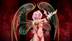 Size: 1280x720 | Tagged: suggestive, artist:chombeau, derpibooru import, angel bunny, fluttershy, bat pony, human, vampire, bat ponified, bat wings, belly button, breasts, busty fluttershy, cleavage, cutie mark on human, ear piercing, earring, flutterbat, humanized, jewelry, looking at you, piercing, race swap, signature, smiling, vampirella, winged humanization, wings