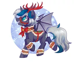 Size: 2565x2188 | Tagged: safe, artist:lunnitavaldez, derpibooru import, oc, oc:elizabat stormfeather, unofficial characters only, alicorn, bat pony, bat pony alicorn, pony, alicorn oc, animal costume, anklet, antlers, bat pony oc, bat wings, bell, bell collar, bow, christmas, clothes, collar, commission, costume, cute, female, grin, holiday, horn, mare, ocbetes, raised hoof, raised leg, reindeer antlers, reindeer costume, reins, ribbon, saddle, simple background, smiling, snow, solo, tack, white background, wings, wristband, ych result