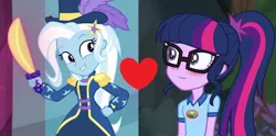 Size: 1724x856 | Tagged: safe, deleted from derpibooru, derpibooru import, edit, edited screencap, screencap, sci-twi, trixie, twilight sparkle, equestria girls, equestria girls series, legend of everfree, street magic with trixie, spoiler:eqg series (season 2), female, heart, lesbian, sci-twixie, shipping, shipping domino, twixie