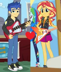 Size: 499x594 | Tagged: safe, deleted from derpibooru, derpibooru import, edit, edited screencap, screencap, flash sentry, sunset shimmer, best trends forever, equestria girls, equestria girls series, road trippin, clothes, converse, female, flashimmer, male, shipping, shipping domino, shoes, straight