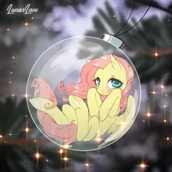 Size: 1000x1000 | Tagged: safe, artist:lunarlacepony, derpibooru import, fluttershy, pegasus, pony, blushing, christmas decoration, christmas ornament, cute, female, hooves to the chest, looking at you, mare, new year, shyabetes, solo, three quarter view, trapped, underhoof, unshorn fetlocks, wings