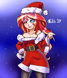 Size: 650x750 | Tagged: safe, artist:melliedraws, derpibooru import, sunset shimmer, human, equestria girls, breasts, christmas, clothes, commission, costume, eyeshadow, hat, heart eyes, holiday, humanized, lipstick, looking at you, makeup, one eye closed, santa costume, santa hat, signature, smiling, solo, wingding eyes, wink