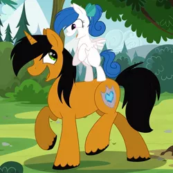 Size: 1080x1080 | Tagged: safe, artist:princessesmeraldaofficial, derpibooru import, oc, oc:astoria, oc:jake, unofficial characters only, pony, unicorn, bipedal, bow, female, filly, hair bow, horn, male, offspring, offspring's offspring, open mouth, outdoors, parent:oc:jake, parent:princess flurry heart, parents:canon x oc, parents:oc x oc, smiling, stallion, tree, unicorn oc, unshorn fetlocks