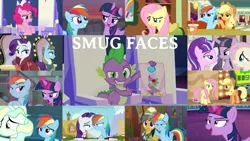 Size: 1994x1121 | Tagged: safe, derpibooru import, edit, edited screencap, editor:quoterific, screencap, applejack, daring do, fluttershy, pinkie pie, rainbow dash, rarity, spike, starlight glimmer, twilight sparkle, vapor trail, wind rider, alicorn, daring don't, every little thing she does, it ain't easy being breezies, not asking for trouble, rarity investigates, stare master, stranger than fan fiction, the crystalling, the cutie map, the end in friend, the saddle row review, top bolt, viva las pegasus, cutie map, detective rarity, dreamworks face, equalized, faic, fluttershy's cottage (interior), hug, mane seven, mane six, our town, smug, smugdash, smuglight glimmer, smuglight sparkle, twilight's castle, twilight sparkle (alicorn), winghug