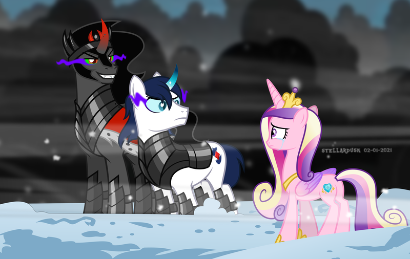 Size: 3268x2067 | Tagged: safe, artist:stellardusk, derpibooru import, king sombra, princess cadance, shining armor, alicorn, pony, umbrum, unicorn, alternate cutie mark, alternate hair, armor, bevor, blizzard, boots, cape, chestplate, clothes, colored horn, colored sclera, corrupted, corrupted shining armor, criniere, croupiere, crown, crying, cuirass, curved horn, dark, dark magic, evil grin, fauld, female, gay, gorget, greaves, grin, helmet, horn, infidelity, infidelity armor, jewelry, magic, male, pauldron, peytral, plackart, possessed, possession, regalia, robe, saddle, shiningsombra, shipping, shoes, show accurate, smiling, snow, snowfall, sombra eyes, sombra horn, sombra's cape, sombra's robe, tack, trio