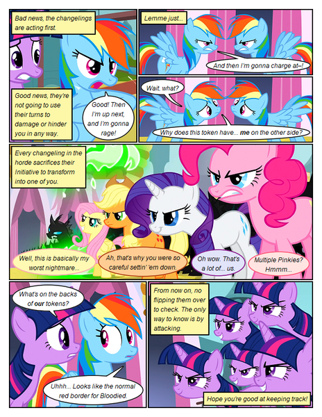 Size: 612x792 | Tagged: safe, derpibooru import, edit, edited screencap, screencap, applejack, fluttershy, pinkie pie, rainbow dash, rarity, twilight sparkle, changeling, earth pony, pegasus, pony, unicorn, comic:friendship is dragons, a canterlot wedding, comic, dialogue, disguise, disguised changeling, eyelashes, female, frown, hat, mane six, mare, multeity, open mouth, screencap comic, smiling, unicorn twilight