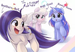 Size: 2048x1431 | Tagged: safe, artist:kurogewapony, derpibooru import, oc, oc:moff cloud, oc:slowly flame, oc:southern sail, unofficial characters only, earth pony, pegasus, pony, unicorn, :3, :o, blushing, cute, cutie mark, female, looking back, mare, ocbetes, open mouth, running, simple background, smiling, text, trio, white background