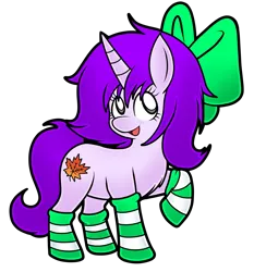 Size: 2325x2500 | Tagged: safe, artist:clarissa arts, derpibooru import, oc, oc:mable syrup, unofficial characters only, pony, unicorn, blind, clothes, kirby, leaf, purple hair, simple background, socks, solo, striped socks, stylized, transparent background