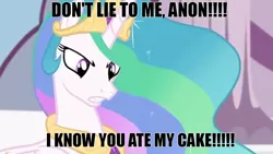 Size: 1280x720 | Tagged: episode needed, safe, derpibooru import, edit, edited screencap, screencap, princess celestia, accusation, angry, cake, cakelestia, caption, food, implied anon, implied cake, meme, text, that princess sure does love cake, this will end in a trip to the moon, this will not end well