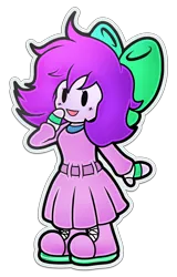 Size: 2173x3398 | Tagged: safe, artist:clarissa arts, derpibooru import, oc, oc:mable syrup, unofficial characters only, human, boots, bow, clothes, deaf, dress, humanized, paper mario, purple hair, shoes, simple background, socks, solo, striped socks, stylized, transparent background