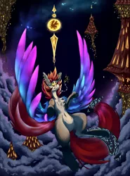 Size: 3400x4600 | Tagged: safe, artist:hyflin, derpibooru import, oc, oc:hausta, unofficial characters only, pony, city, cloud, cronux gear, ear fluff, falling, female, flying, jewelry, magic, mare, night, solo, towers, wings