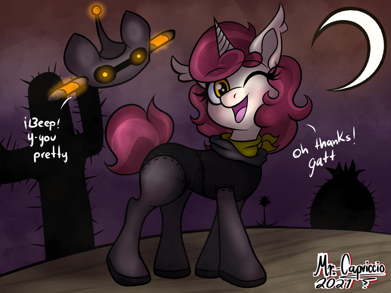 Size: 4000x3000 | Tagged: safe, artist:mrcapriccio, derpibooru import, oc, oc:dolce spiaro, pony, robot, unicorn, catsuit, clothes, desert, dialogue, female, high res, looking at you, mare, night, one eye closed, raised tail, solo, spy, suit, tail, tight clothing, wink