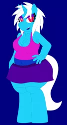 Size: 690x1280 | Tagged: anthro, anthro oc, artist:avengedritsuko, belly button, big breasts, blue background, breasts, clone, clothes, cyborg, derpibooru import, hand on hip, hybrid, looking at you, midriff, monster pony, mutation, oc, oc:mimeo melody, red eyes, safe, simple background, skirt, smiling, solo, tanktop, thick, unguligrade anthro, unofficial characters only, white hair, white tail, wide hips