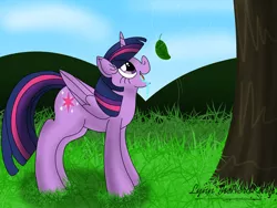 Size: 1280x963 | Tagged: safe, artist:lynnthenerdkitty, derpibooru import, twilight sparkle, twilight sparkle (alicorn), alicorn, pony, distraction, drool, intelligence loss, leaf, mental regression, reference, solo, story in the source, tree