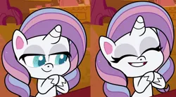Size: 1050x582 | Tagged: safe, derpibooru import, screencap, potion nova, pony, unicorn, all that jitters, my little pony: pony life, spoiler:pony life s01e15, spoiler:pony life s01e24, cropped, eyes closed, happy, side by side, smiling, solo