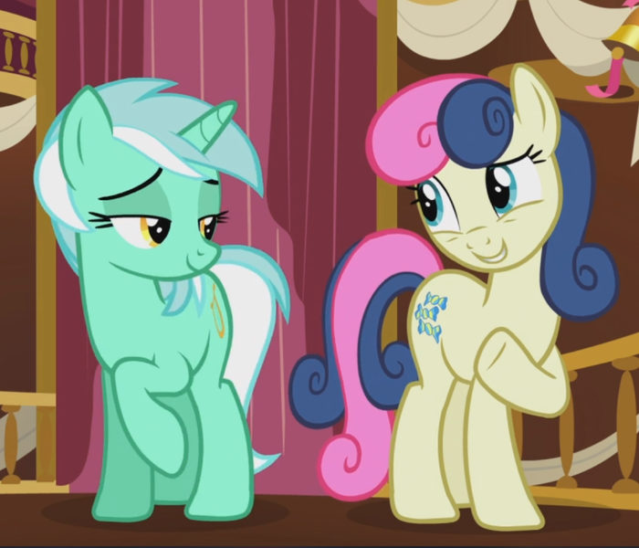 Size: 1019x874 | Tagged: safe, derpibooru import, screencap, bon bon, lyra heartstrings, sweetie drops, earth pony, pony, unicorn, slice of life (episode), cropped, duo, female, lesbian, lidded eyes, looking at each other, lyrabon, raised hoof, shipping, smiling