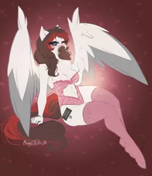 Size: 3200x3700 | Tagged: suggestive, artist:bunnywhiskerz, derpibooru import, oc, oc:ocelot, unofficial characters only, anthro, pegasus, unguligrade anthro, blushing, breasts, clothes, commission, cutie mark, digital art, female, lingerie, looking at you, one eye closed, pose, simple background, smiling, smiling at you, socks, solo, solo female, spread wings, stockings, tail, thigh highs, underwear, wings
