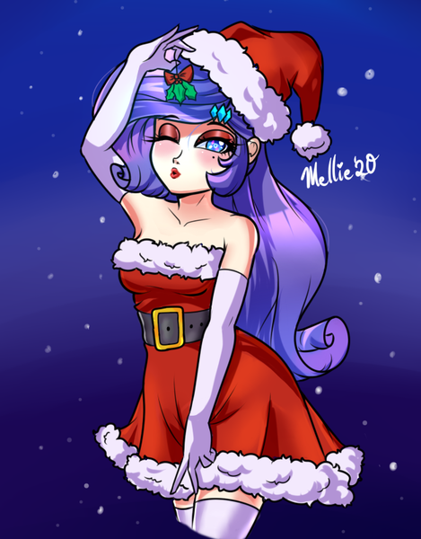 Size: 625x800 | Tagged: safe, artist:melliedraws, derpibooru import, rarity, human, bare shoulders, beautisexy, beauty mark, breasts, christmas, clothes, costume, dress, evening gloves, eyeshadow, female, gloves, hat, holiday, holly, holly mistaken for mistletoe, humanized, kissy face, leggings, lipstick, long gloves, makeup, one eye closed, santa costume, santa hat, signature, skirt, sleeveless, socks, solo, strapless, thigh highs, wink