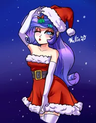 Size: 625x800 | Tagged: safe, artist:melliedraws, derpibooru import, rarity, human, bare shoulders, beautisexy, beauty mark, breasts, christmas, clothes, costume, dress, evening gloves, eyeshadow, female, gloves, hat, holiday, holly, holly mistaken for mistletoe, humanized, kissy face, leggings, lipstick, long gloves, makeup, one eye closed, santa costume, santa hat, signature, skirt, sleeveless, socks, solo, strapless, thigh highs, wink