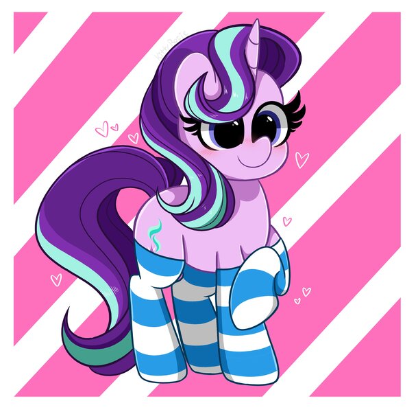 Size: 4096x4028 | Tagged: safe, artist:kittyrosie, derpibooru import, starlight glimmer, pony, unicorn, blushing, clothes, cute, female, glimmerbetes, mare, socks, solo, striped socks