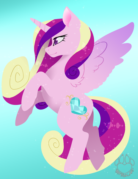 Size: 2550x3300 | Tagged: safe, artist:happyfoxxart, derpibooru import, princess cadance, alicorn, pony, blue background, female, mare, rearing, signature, simple background, smiling, solo, spread wings, wings