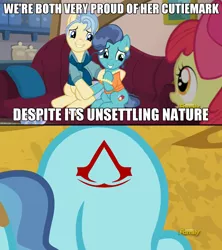 Size: 1280x1444 | Tagged: safe, derpibooru import, edit, edited screencap, screencap, apple bloom, mr. paleo, mrs. paleo, petunia paleo, earth pony, pony, the fault in our cutie marks, assassin's creed, discovery family logo, exploitable meme, meme, resurrected meme, undead meme