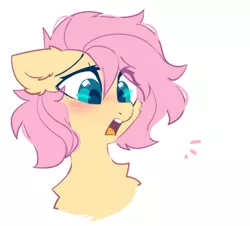 Size: 682x616 | Tagged: safe, artist:mirtash, derpibooru import, fluttershy, pegasus, pony, adorable face, alternate hairstyle, blushing, bust, chest fluff, cute, daaaaaaaaaaaw, ear fluff, emanata, eye clipping through hair, female, floppy ears, mare, open mouth, short hair, shyabetes, simple background, solo, surprised, sweet dreams fuel, three quarter view, white background
