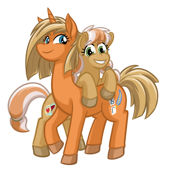 Size: 1176x1200 | Tagged: safe, artist:texasuberalles, derpibooru import, oc, oc:memory match, oc:wine barrel, unofficial characters only, earth pony, pony, unicorn, derpibooru community collaboration, 2021 community collab, duo, female, hug, mare, mother and child, mother and daughter, simple background, size difference, transparent background