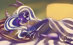 Size: 2000x1250 | Tagged: safe, artist:draconightmarenight, artist:proyects_s, derpibooru import, oc, dragon, bed, dragon oc, horns, laying on bed, lying down, morning after, on bed, solo