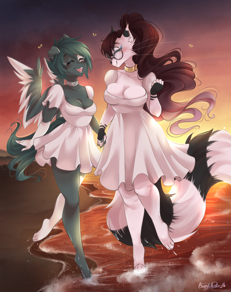 Size: 2368x3000 | Tagged: safe, artist:bunnywhiskerz, derpibooru import, oc, oc:lacy, unofficial characters only, anthro, cat, pegasus, beach, breasts, clothes, commission, date, digital art, dress, duo, duo female, eyes closed, female, furry, furry oc, happy, lesbian, ocean, open mouth, simple background, sky, spread wings, sunset, tail, wings