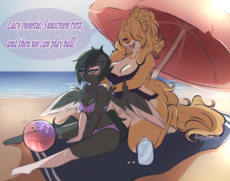 Size: 1600x1263 | Tagged: suggestive, artist:bunnywhiskerz, derpibooru import, oc, oc:lacy, unofficial characters only, anthro, dog, pegasus, plantigrade anthro, barefoot, beach, beach ball, bikini, blanket, blushing, breasts, clothes, cloud, commission, digital art, duo, duo female, eyes closed, feet, female, furry, furry oc, lesbian, lotion, oc x oc, ocean, open mouth, pale belly, paws, sand, shipping, simple background, sky, socks (coat marking), speech bubble, spread wings, sunscreen, swimsuit, tail, text, thighs, umbrella, unamused, wings