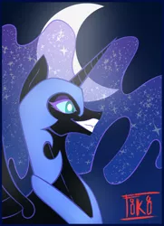 Size: 1164x1608 | Tagged: safe, artist:totaltiki, derpibooru import, nightmare moon, alicorn, pony, bust, crescent moon, ethereal mane, evil grin, female, grin, mare, moon, night, portrait, profile, signature, smiling, solo, starry mane