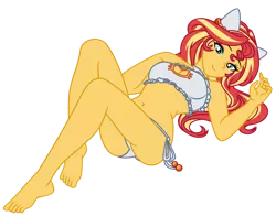 Size: 1024x802 | Tagged: suggestive, artist:emeraldblast63, artist:racoonsan, derpibooru import, edit, sunset shimmer, equestria girls, adorasexy, barefoot, bedroom eyes, belly button, boob window, breasts, busty sunset shimmer, cat lingerie, clothes, cute, feet, female, lingerie, looking at you, sexy, solo, solo female, trace, underwear