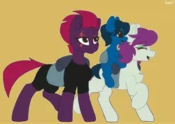 Size: 4096x2896 | Tagged: safe, artist:avery-valentine, derpibooru import, fizzlepop berrytwist, tempest shadow, oc, oc:lullaby dusk, oc:thistledown, earth pony, pegasus, pony, unicorn, comic:a storm's lullaby, bag, bedroll, broken horn, clothes, ear fluff, eyes closed, female, filly, folded wings, high res, horn, mare, open mouth, orange background, outline, ponies riding ponies, raised hoof, raised leg, riding, saddle bag, simple background, smiling, trio, walking, white outline, wings