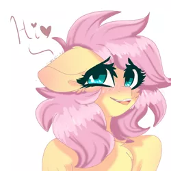 Size: 768x768 | Tagged: safe, artist:moodi, derpibooru import, fluttershy, pegasus, pony, alternate hairstyle, blushing, bust, chest fluff, cute, dialogue, ear blush, ear fluff, eye clipping through hair, female, floppy ears, looking at you, open mouth, short hair, shyabetes, simple background, smiling, solo, white background