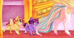 Size: 2900x1500 | Tagged: safe, artist:castaspellliana, derpibooru import, princess celestia, sunset shimmer, twilight sparkle, twilight sparkle (alicorn), alicorn, pony, alicornified, alternate universe, baby, baby pony, biting, butt, chest fluff, cute, female, filly, fluffy, foal, mare, momlestia, offscreen character, plot, race swap, shimmerbetes, shimmercorn, story included, sunbutt, tail bite, twiabetes